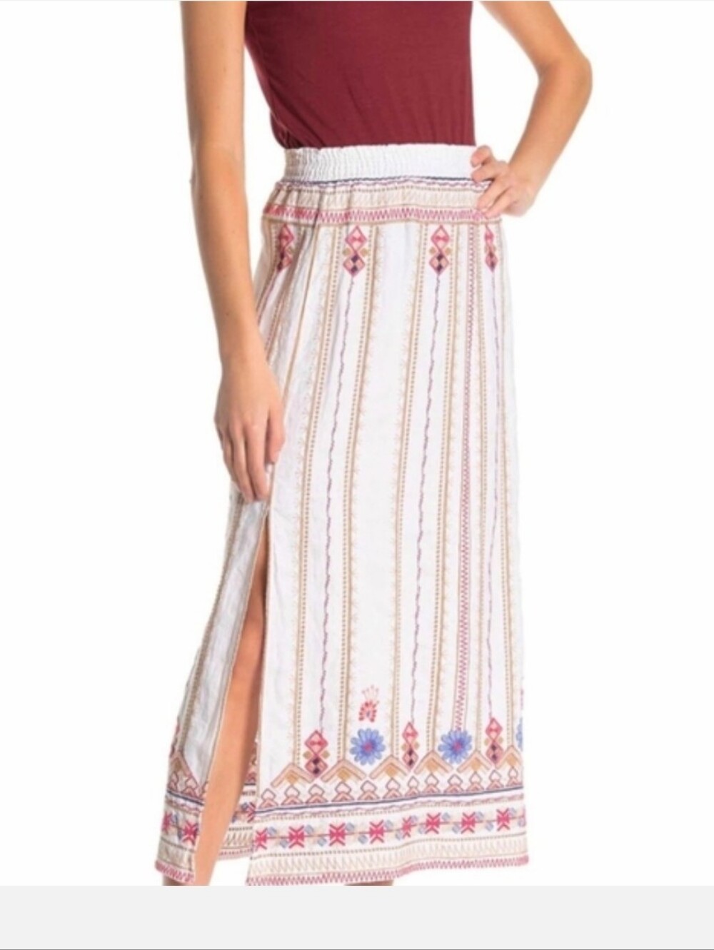 Johnny Was Los Angeles Frederique Embroidered Side Slit Linen White‎ Maxi Skirt